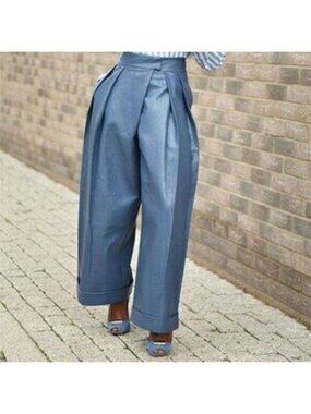 Dusty Blue Elegant Womens Faux leather Baggy w/Pockets Pants high street fashion